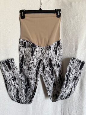 Beige Waistband Black & White Patterned Maternity Leggings